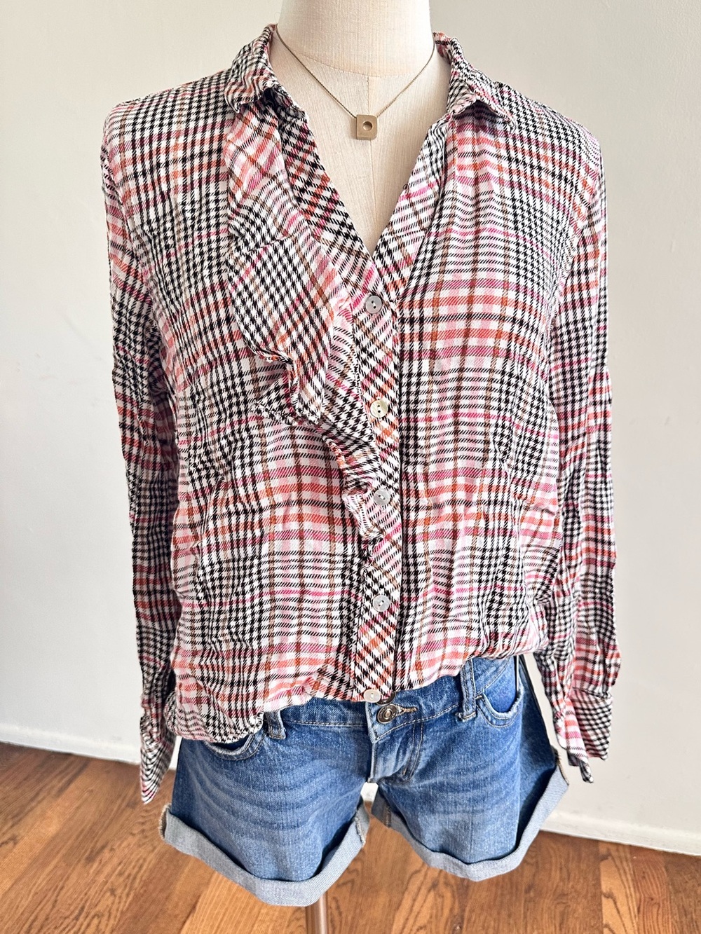 J. Jill Pink Orange Plaid Ruffle Front Button-Up Blouse Medium